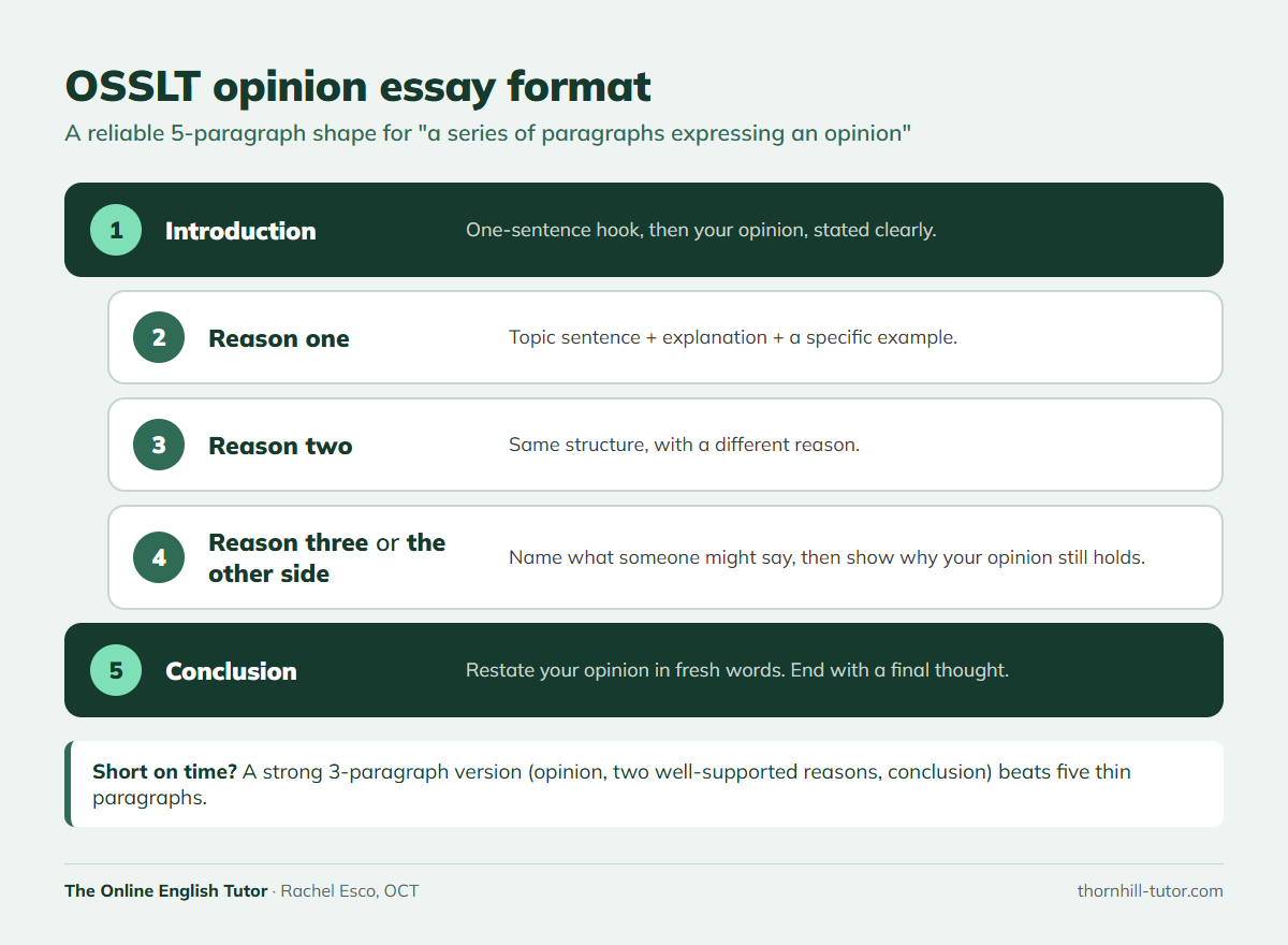 OSSLT opinion essay format: introduction, reason one, reason two, reason three or the other side, conclusion