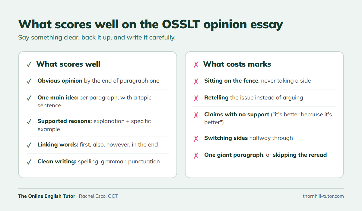 What scores well on the OSSLT opinion essay, and what costs marks